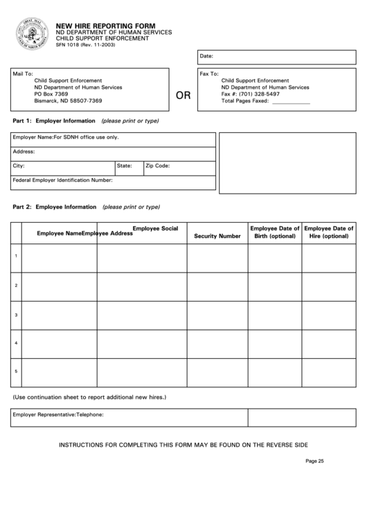 New Hire Reporting Form Nd Department Of Human Services Printable Pdf 