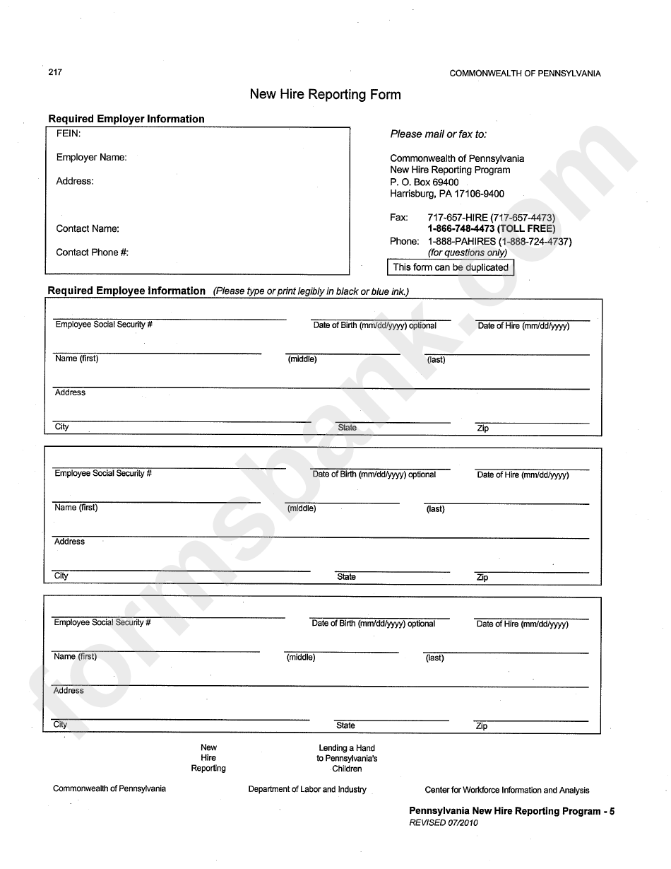 New Hire Reporting Form Printable Pdf Download 1 
