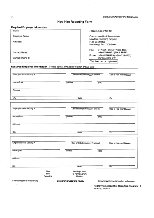 New Hire Reporting Form Printable Pdf Download