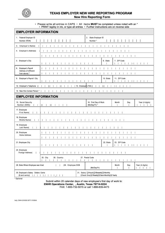New Hire Reporting Form Texas Printable Pdf Download