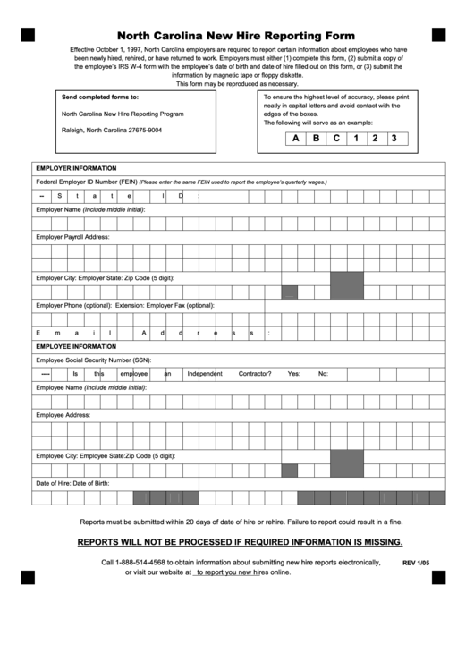 North Carolina New Hire Reporting Form Printable Pdf Download