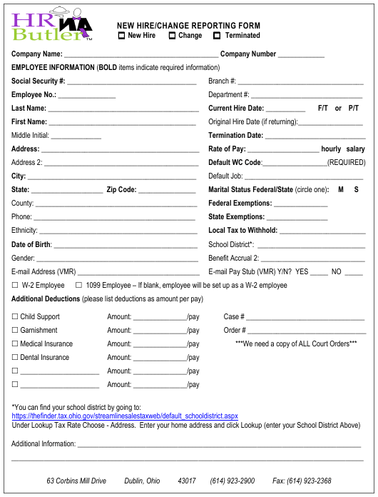 Ohio New Hire Change Reporting Form HR Butler Download Printable PDF 