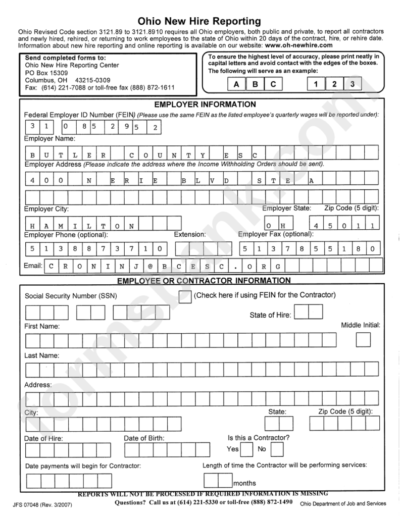 Ohio New Hire Reporting Form Printable Pdf Download