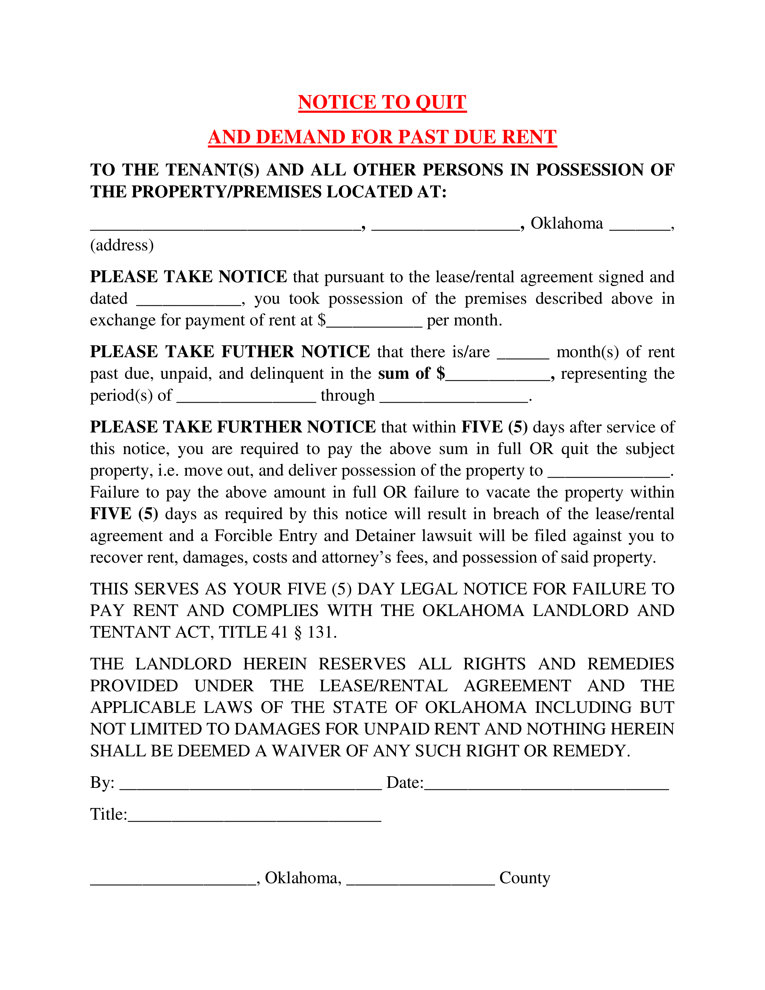 Oklahoma 5 Day Notice To Quit Form Non Payment Of Rent EForms