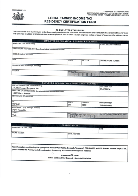 Pa Local Earned Income Tax Residency Certification Form Printable Pdf