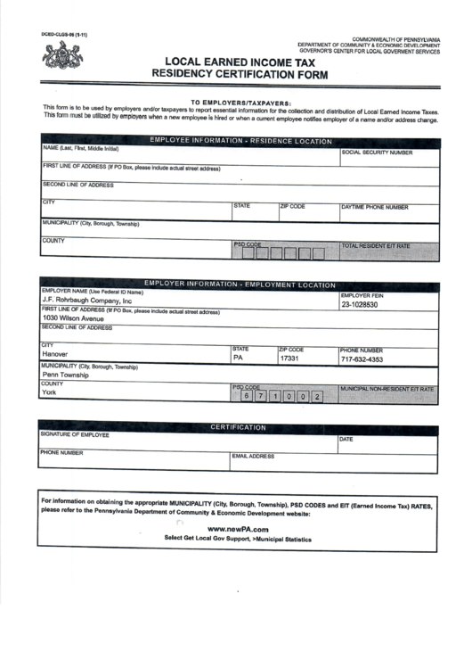 Pa Local Earned Income Tax Residency Certification Form Printable Pdf 