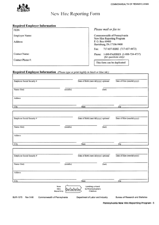 Pa New Hire Reporting Form Printable Pdf Download