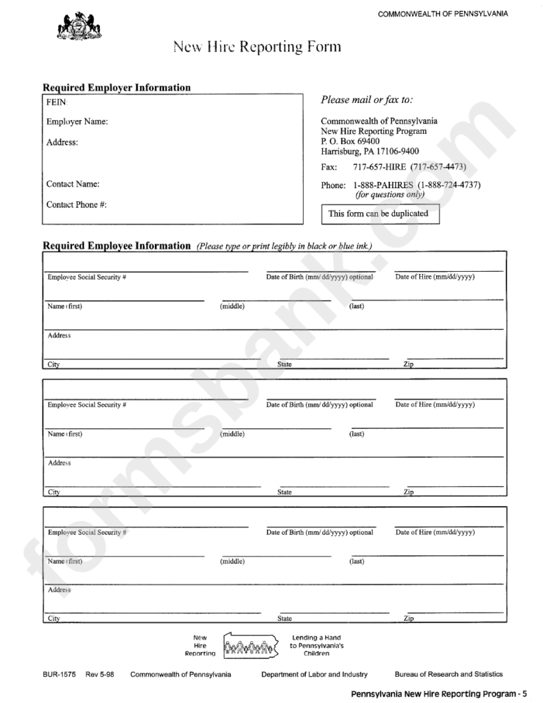 Pa New Hire Reporting Form Printable Pdf Download