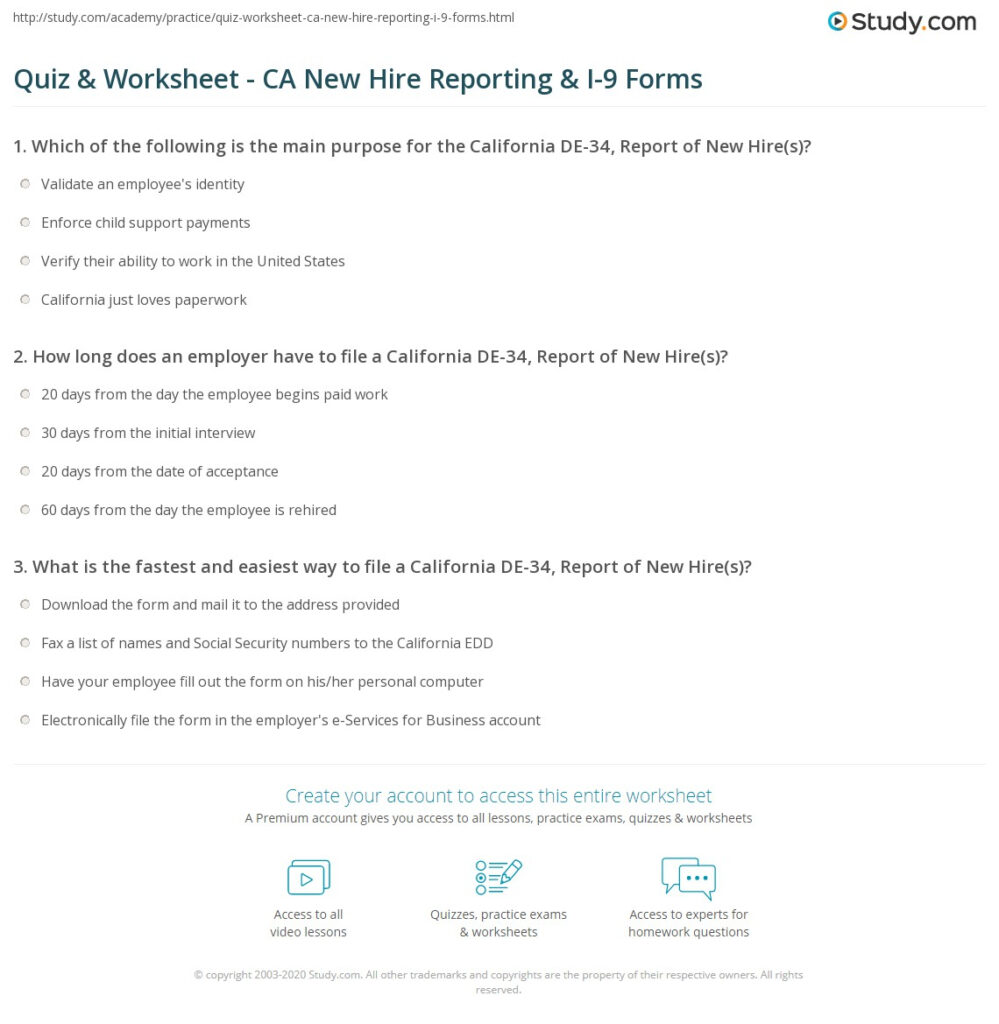 Quiz Worksheet CA New Hire Reporting I 9 Forms Study