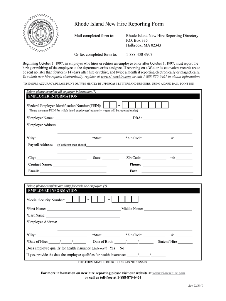 Ri Directory Of New Hires Reporting Form Fillable Fill And Sign 