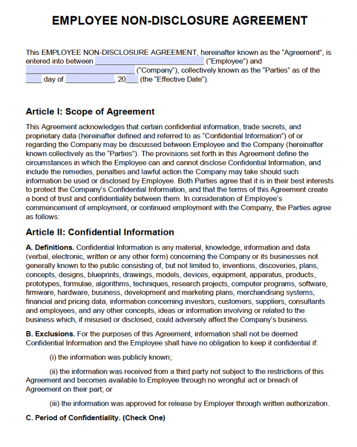 Sample Free Employee Nondisclosure Agreement Nda Pdf Word Non 