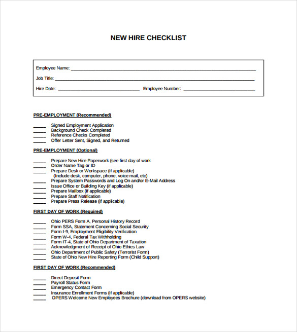 Sample New Hire Checklist Template 11 Documents In PDF