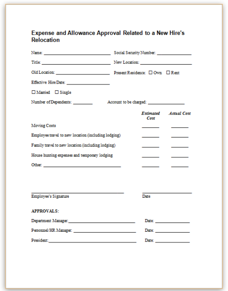 This Sample Form Records Calculated Expenses Related To A New Hire s 