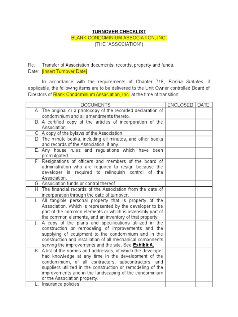 Turnover Checklist Template