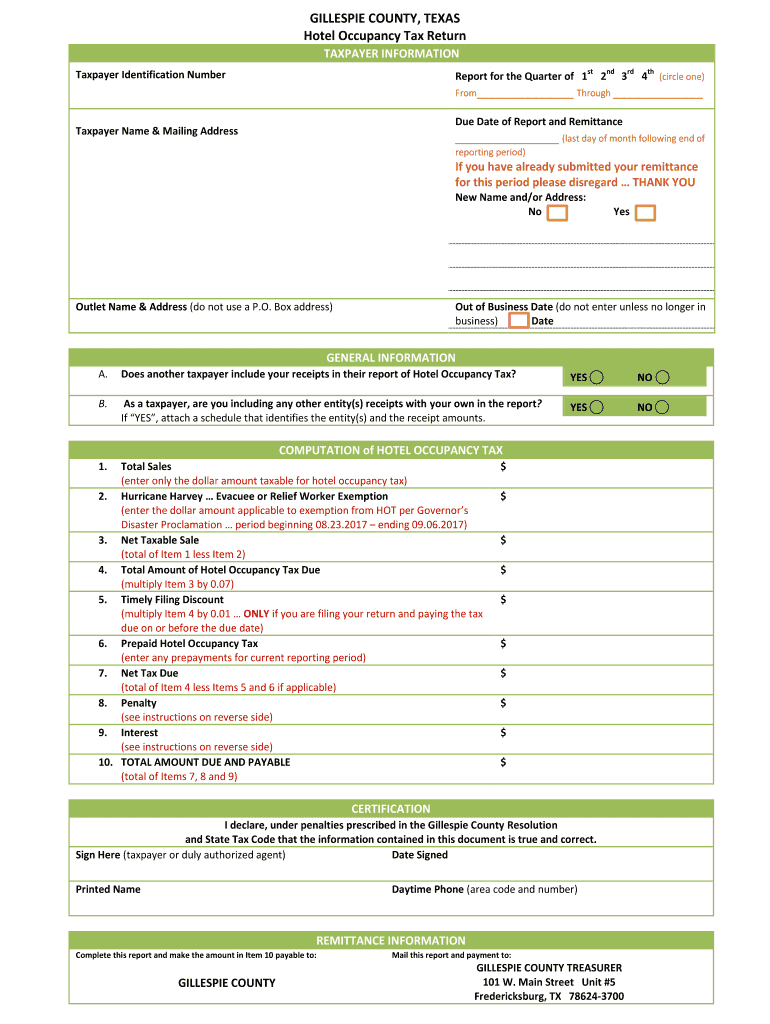 TX Hotel Occupancy Tax Return Gillespie Fill Out Tax Template 