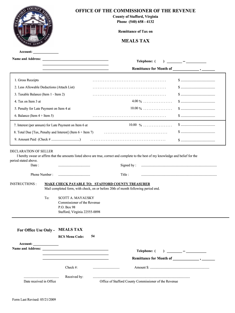 VA Meals Tax Stafford County 2009 Fill Out Tax Template Online US 