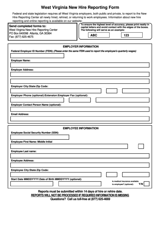 West Virginia New Hire Reporting Form Printable Pdf Download