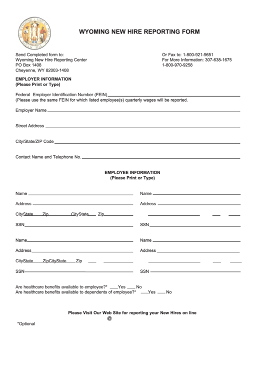 Wyoming New Hire Reporting Form Printable Pdf Download