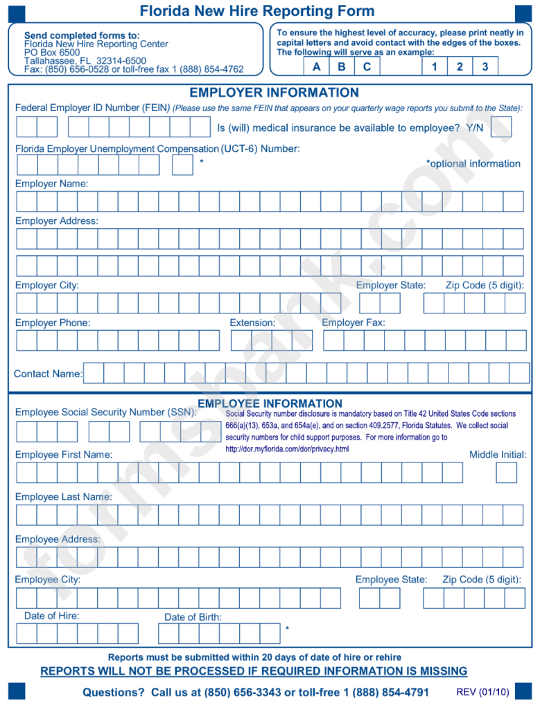 Florida New Hire Reporting Form Printable Pdf Download