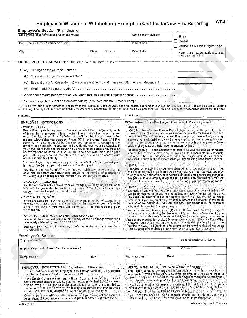 Form Wt 4 State Tax Exemptions Printable Pdf Download