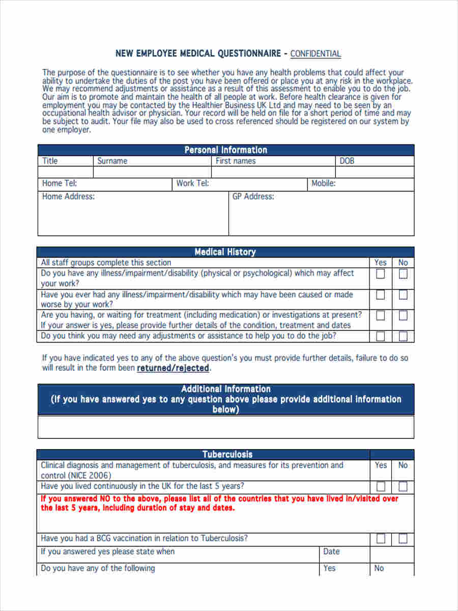 FREE 6 Medical Questionnaire Forms In PDF Ms Word