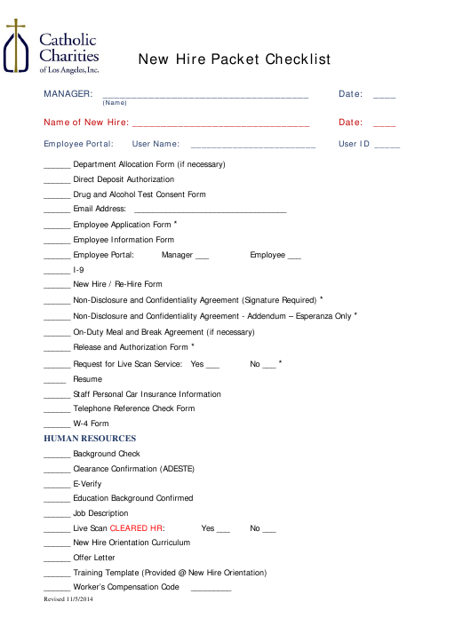 New Hire Packet Checklist Template Catholic Charities Of Los Angeles 