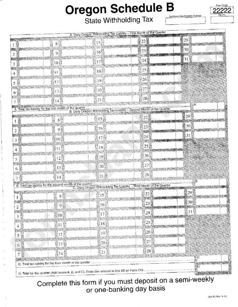 Oregon Schedule B State Withholding Tax Form 2011 Printable Pdf Download