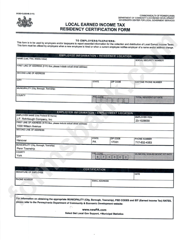 Pa Local Earned Income Tax Residency Certification Form Printable Pdf 