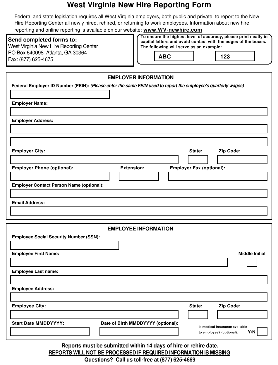 West Virginia New Hire Reporting Form West Virginia New Hire 